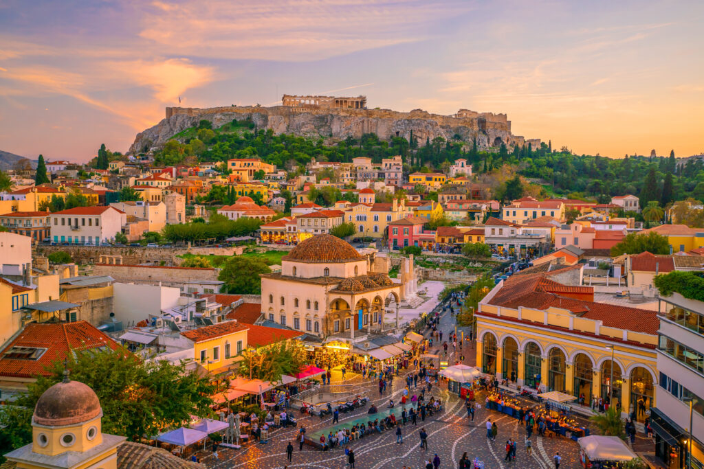 Downtown Athens city skyline in Greece at sunset
